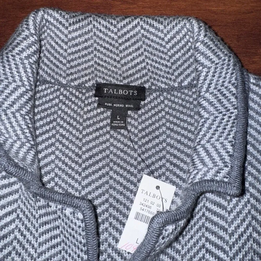 NWT Talbots 100% Merino Wool Knit Cardigan Blazer Gray Button Front Size L